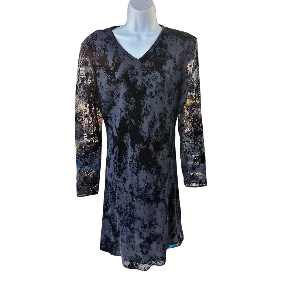 Kay Unger Sheer Burnout Velvet Tunic Dress Dark Blue Long Sleeve Y2K Size 12